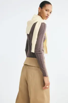 Pantalon en coton avec ceinture repliée - Beige — photo 3