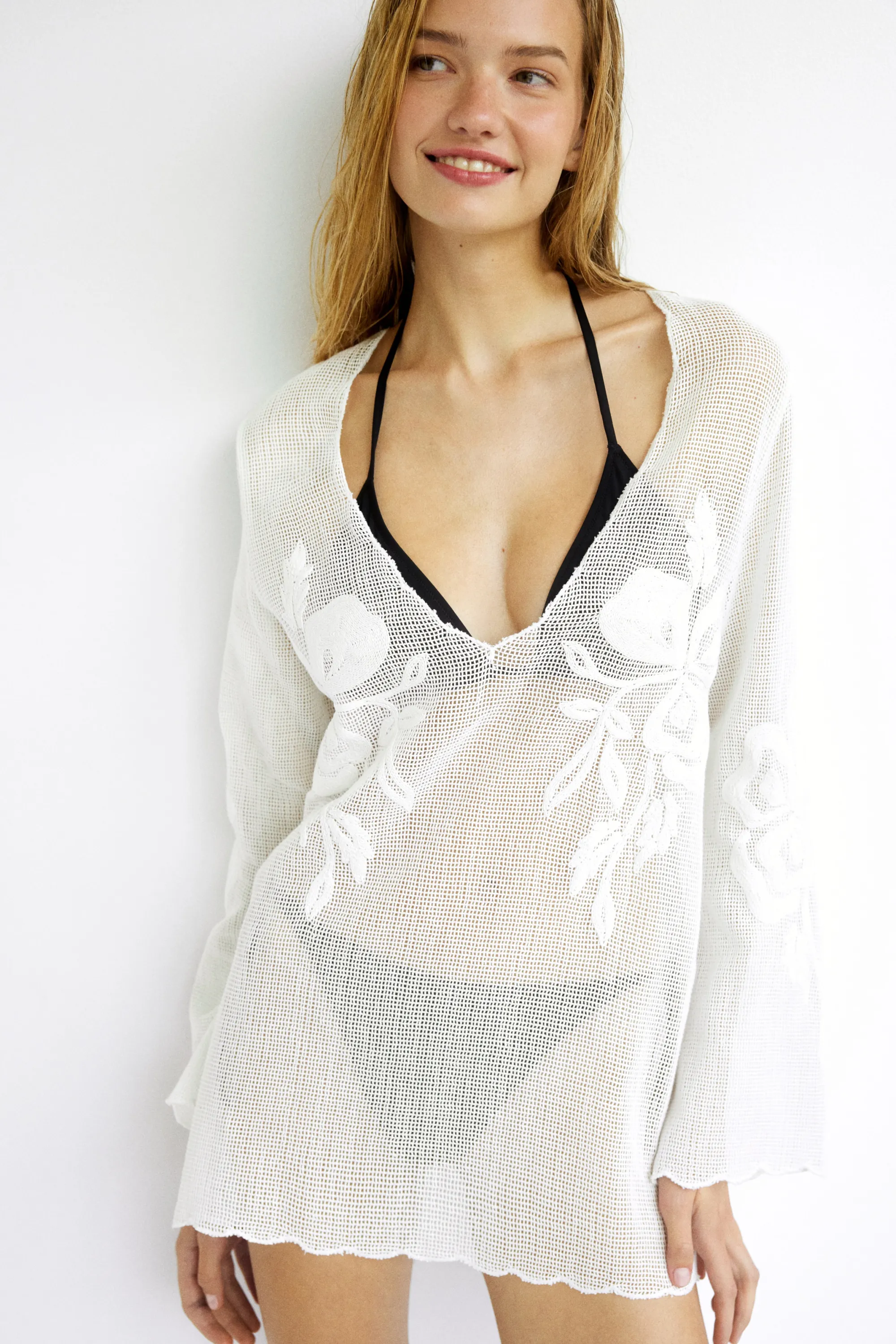 Robe de plage filet en coton - Blanc