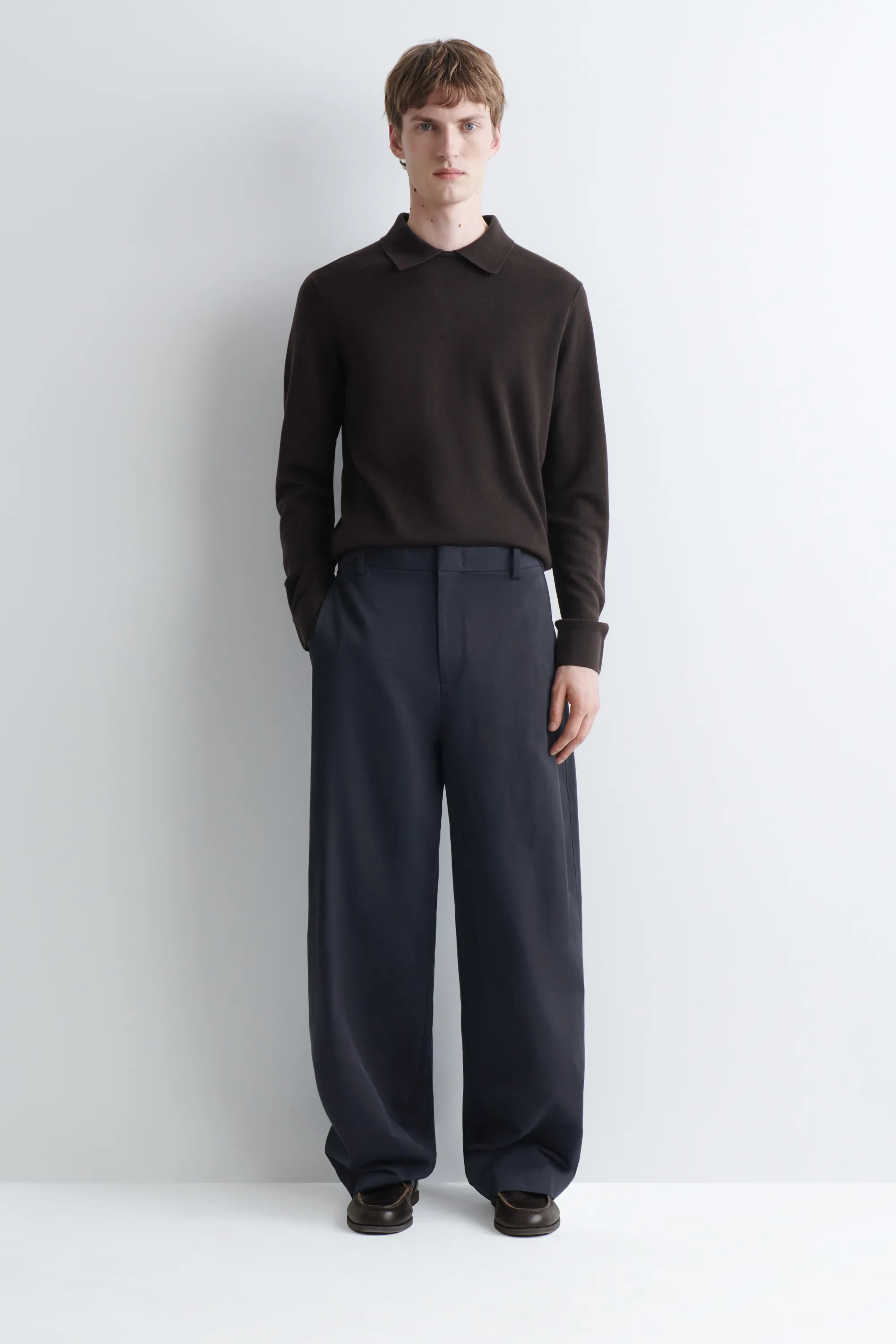 PULL POLO EN LAINE ET LYOCELL À COL SUPERPOSÉ - BRUN