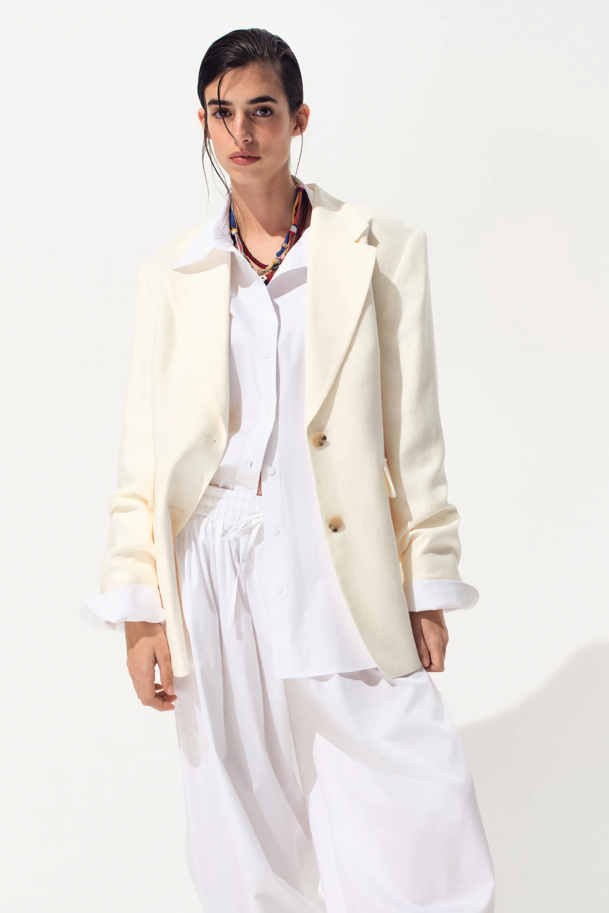 Blazer à fermeture droite en lin mélangé - Crème