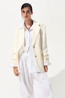 Blazer à fermeture droite en lin mélangé - Crème — photo 1