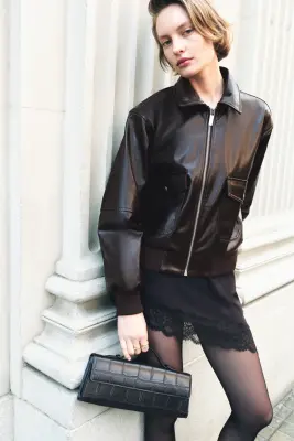 Veste en tissu enduit avec col amovible - Marron foncé — photo 1