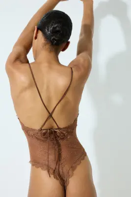 Body en microfibre et dentelle - Marron — photo 3
