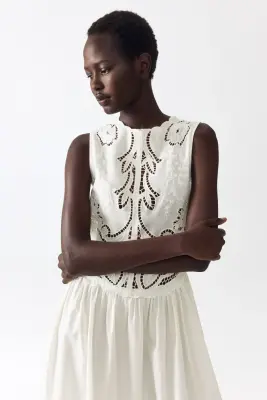 Robe brodée en lin mélangé - Blanc — photo 1