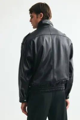 Veste de style motard en tissu enduit - Noir — photo 4