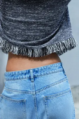 Veste courte avec franges - Bleu ancien chiné — photo 3