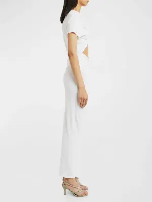 Robe longue manches courtes en jersey drapé blanc ajouré Prix boutique 952€ Taille L — photo 4