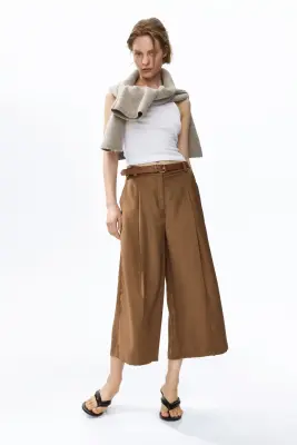 Jupe-culotte en twill avec ceinture - Beige foncé — photo 2