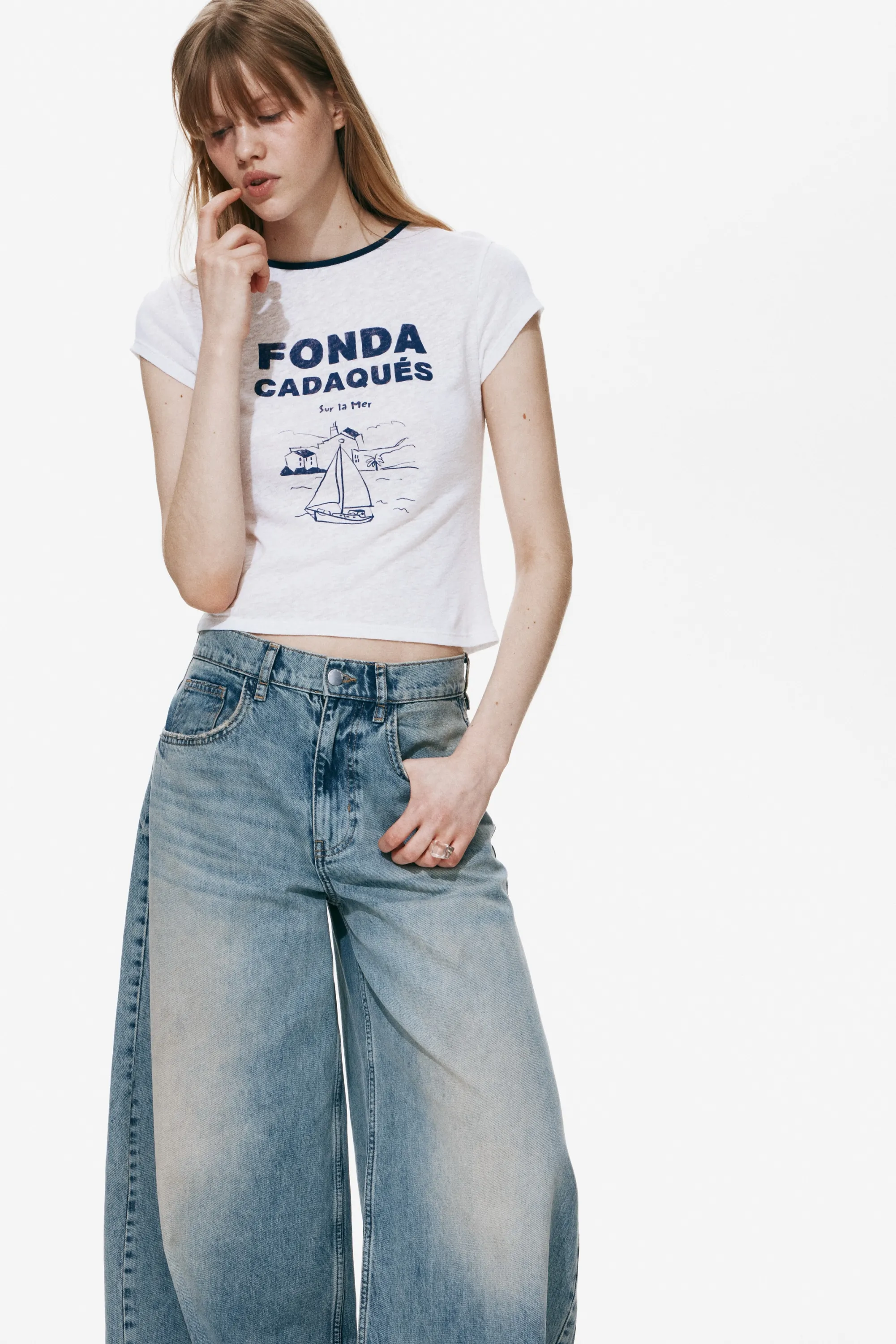 T-shirt en lin mélangé avec motif imprimé - Blanc/Fonda Cadaqués
