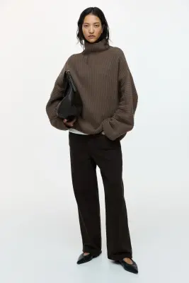 Pull en maille côtelée de laine mélangée - Taupe foncé — photo 2