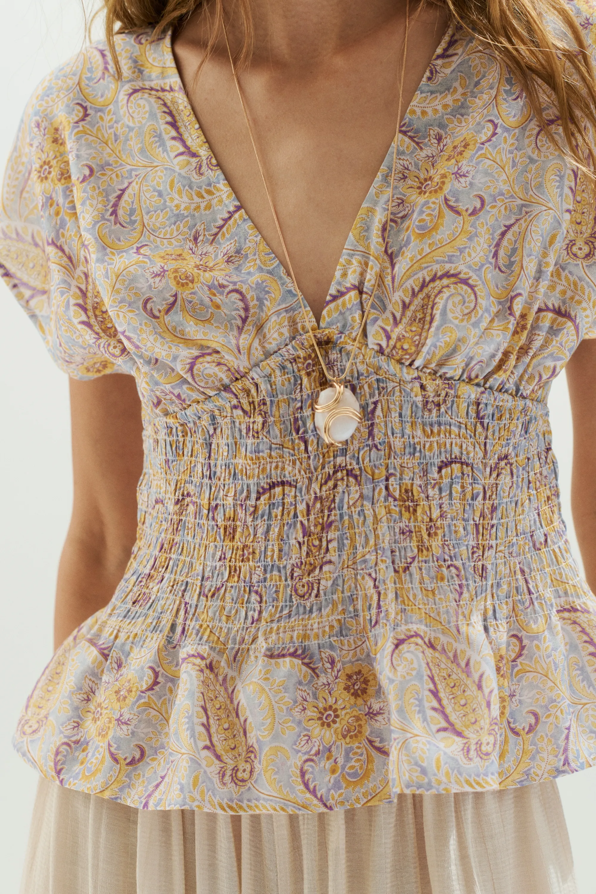 Top smocké - Violet clair/motif cachemire