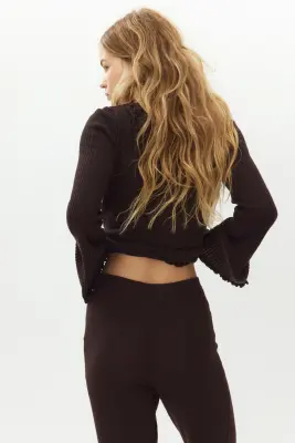 Pantalon évasé en maille côtelée de lin mélangé - Marron foncé — photo 3