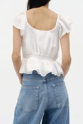 Blouse à manches volantées avec basque - Blanc — photo 2
