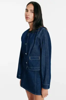 Veste sans col en denim - Bleu denim foncé — photo 3