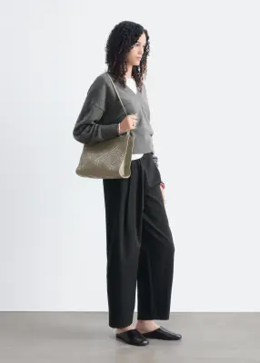 Pull à col en V côtelé en laine et en coton - Gris — photo 4