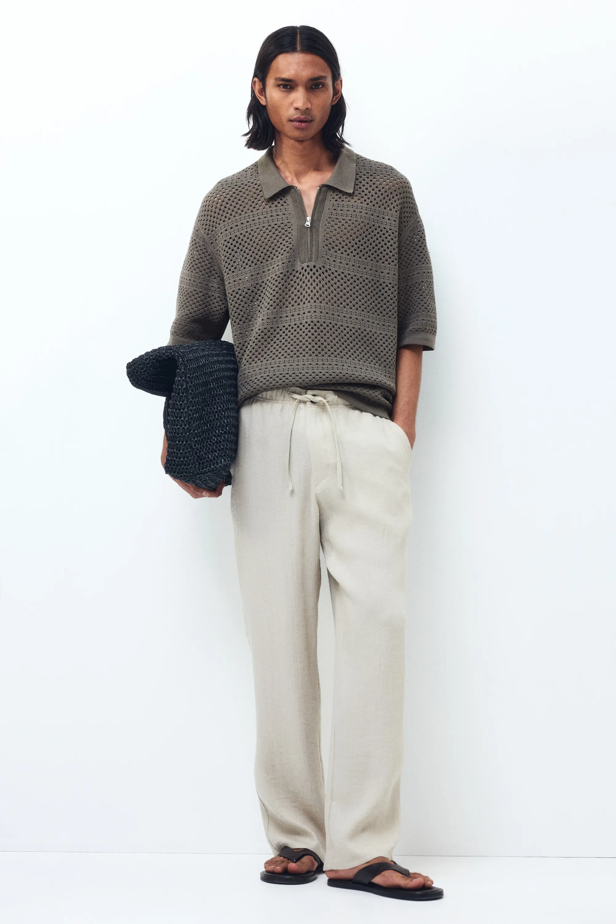 Polo Relaxed fit en maille ajourée - Taupe foncé