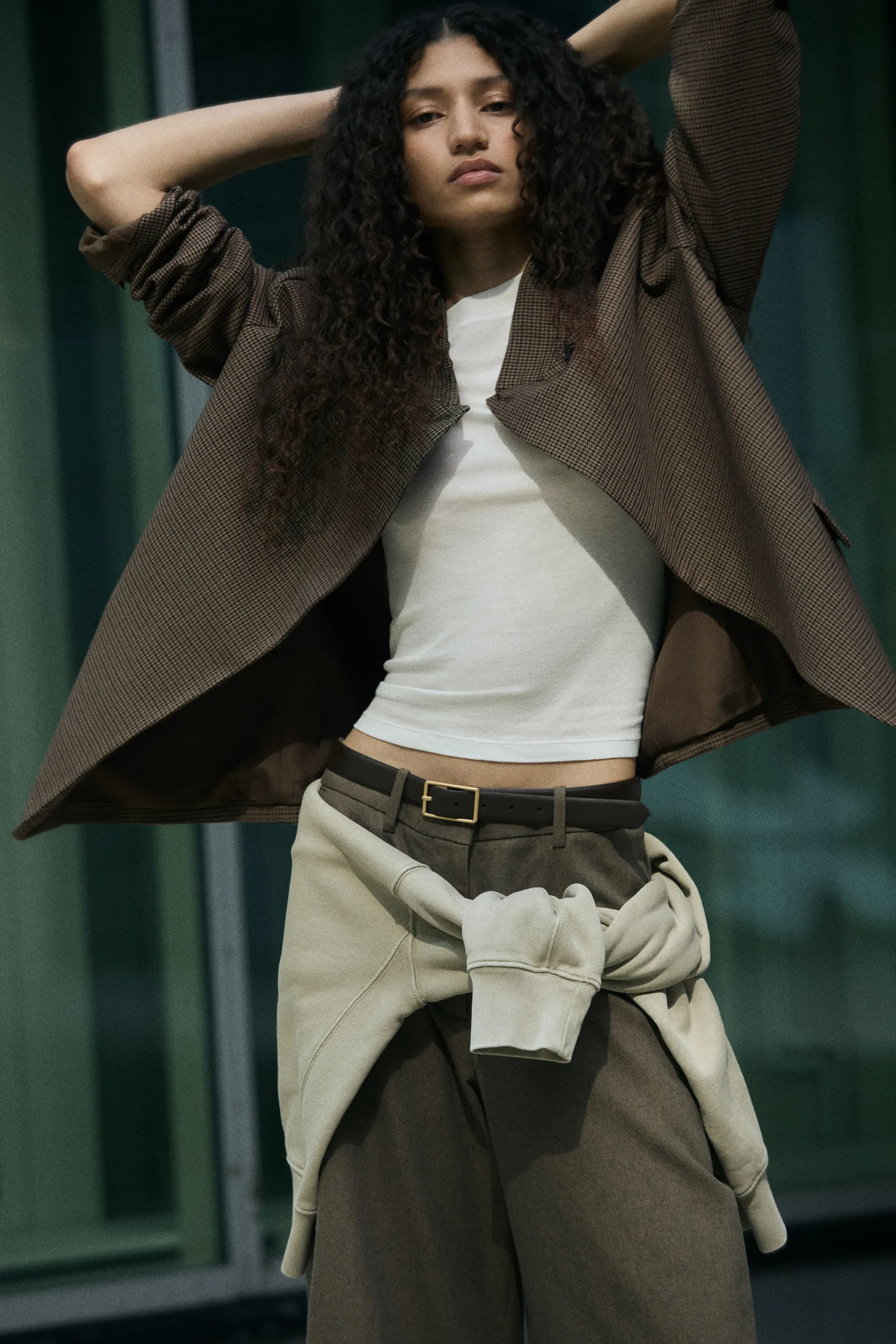 Blazer à col droit - Beige foncé/carreaux