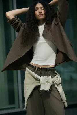 Blazer à col droit - Beige foncé/carreaux — photo 1