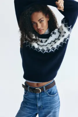 Pull en maille jacquard - Bleu marine/blanc — photo 2