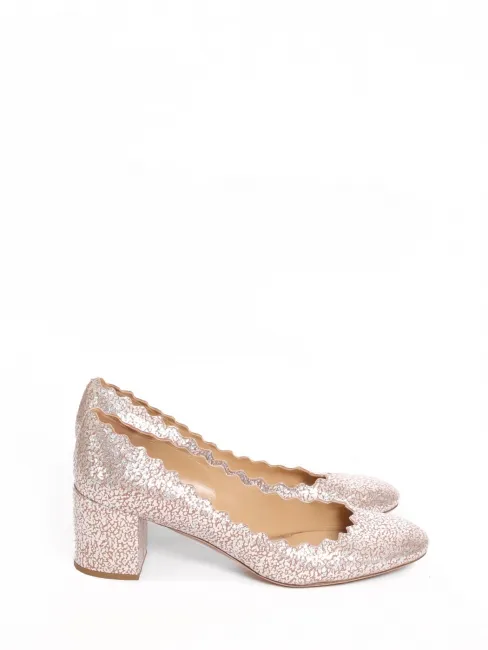 Escarpins LAUREN bord dentelé en cuir métallisé rose et argent Prix boutique 450€ Taille 38,5
