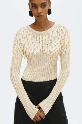 Top frangé en maille côtelée - Beige clair — photo 1
