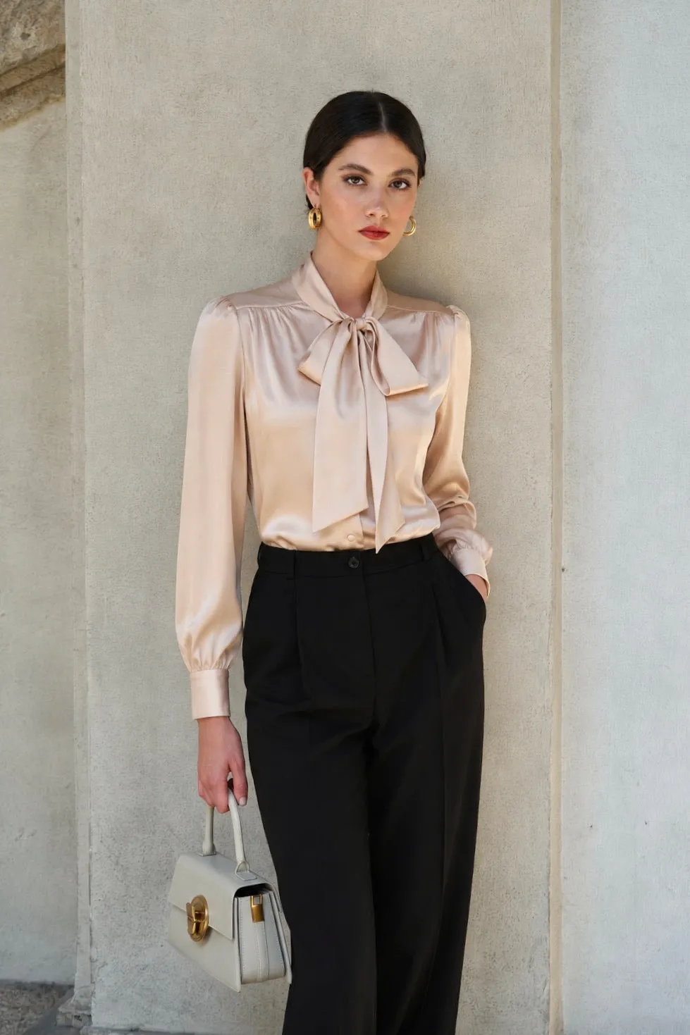Lena Silk Bow Blouse - Beige