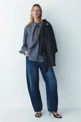 Chemise en popeline de coton à col à nouer - Bleu clair/carreaux — photo 2