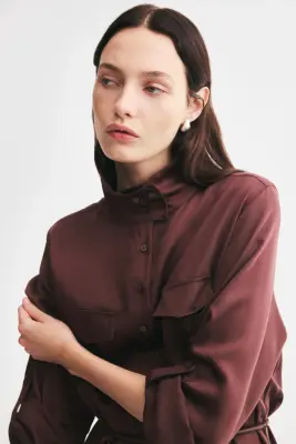 Robe chemise avec col entonnoir - Marron foncé — photo 3