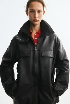 Veste en cuir avec col entonnoir - Marron foncé — photo 2
