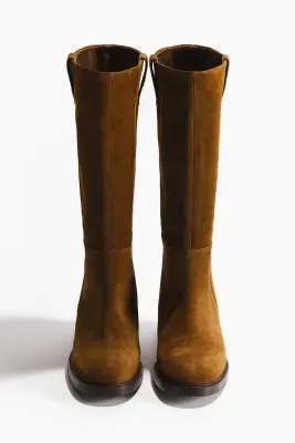Bottes de hauteur genou en cuir velours fendu - Marron clair — photo 2
