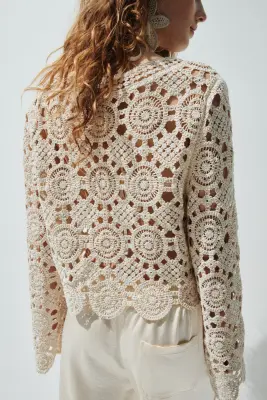 Top façon crochet en maille ajourée - Beige clair — photo 2