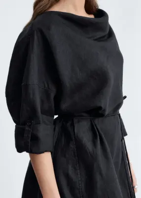 Robe courte à col bénitier en lin - Noir — photo 5