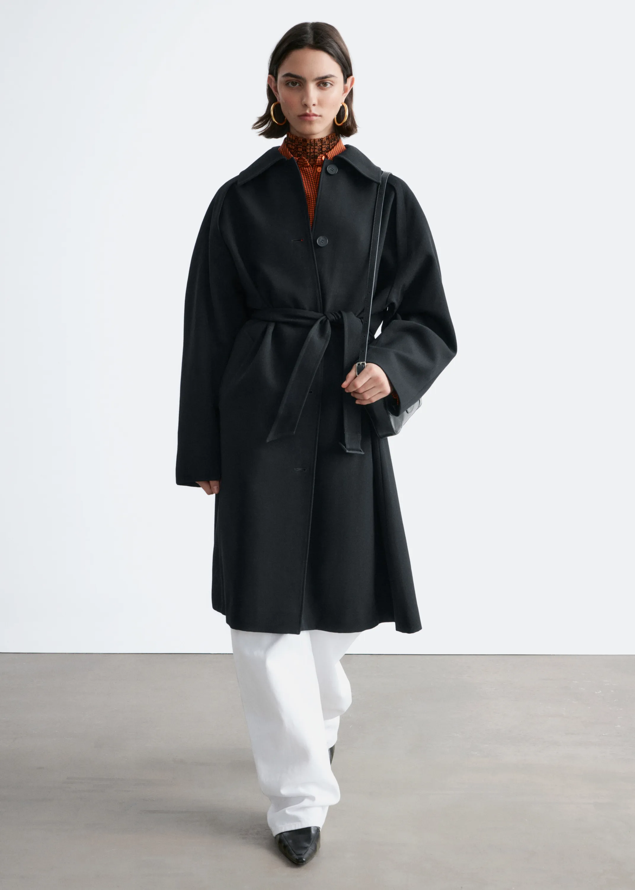 Trench-coat en laine avec ceinture à nouer - Noir