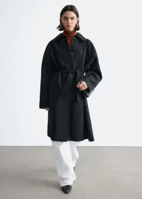Trench-coat en laine avec ceinture à nouer - Noir — photo 1
