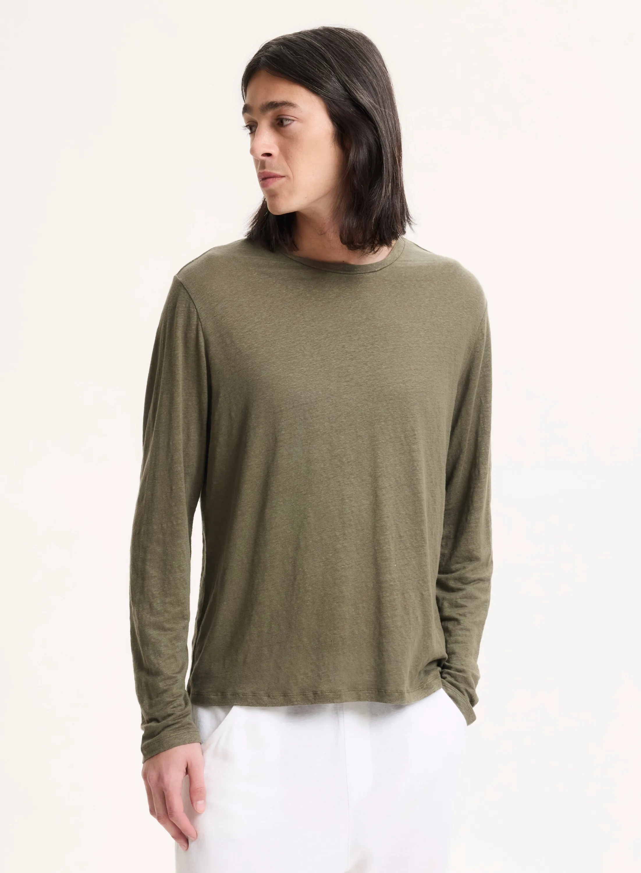 T-shirt Vert Col Rond Manches Longues en Lin / Elasthanne