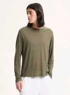 T-shirt Vert Col Rond Manches Longues en Lin / Elasthanne