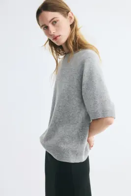 Top à manches courtes en laine - Gris chiné — photo 2