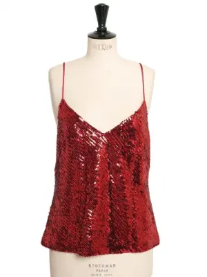 Top débardeur à fines bretelles brodé de sequins rouge Prix boutique 445€ Taille 42 — photo 1