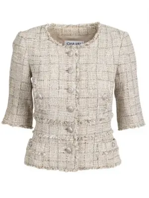 Veste manches courtes en tweed beige gris perle et doré  boutons nacre Prix Boutique est. 6000€ Taille 40/42 — photo 1