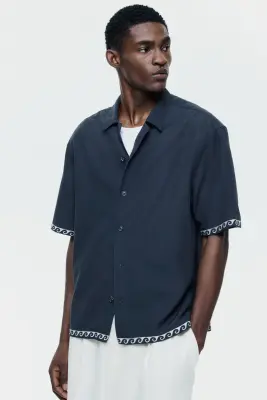 Chemise Relaxed Fit en coton avec col cubain - Noir/vagues — photo 1