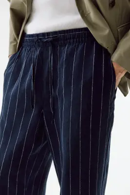 Pantalon Relaxed Fit en lin mélangé - Bleu marine/rayé — photo 2