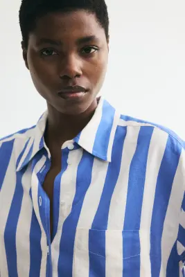 Chemise oversize en lin mélangé - Bleu/rayé — photo 1
