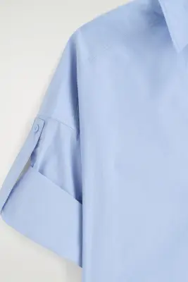 ROBE-CHEMISE MANCHES COURTES EN POPELINE DE COTON - BLEU — photo 4