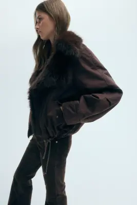 Veste en twill avec col duveteux - Marron foncé — photo 4