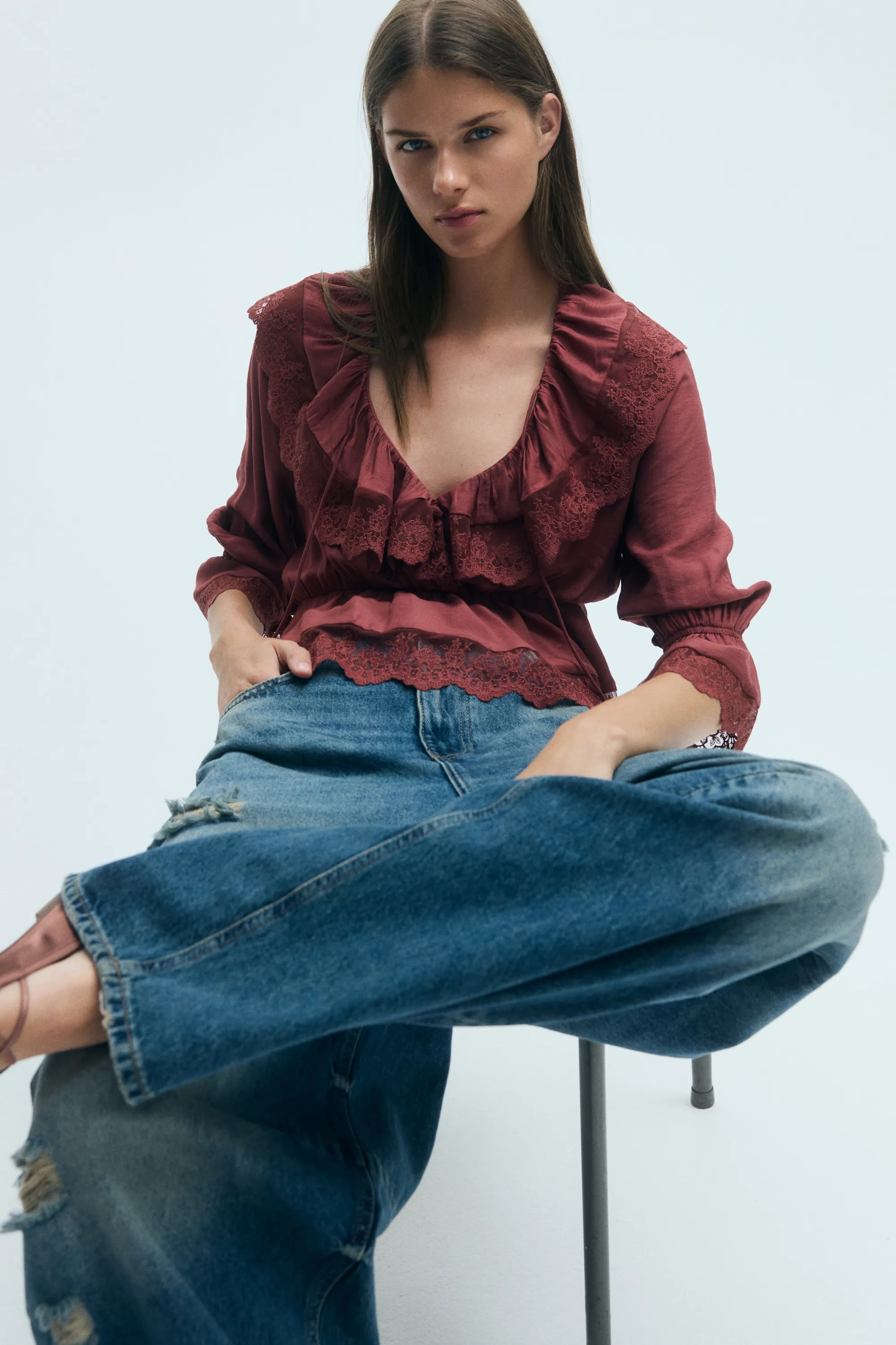 Blouse péplum volantée - Rouge rouille