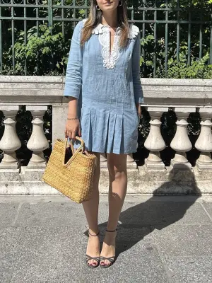 Robe courte manches longues en chanvre bleu clair col dentelle Prix boutique 1500€ Taille 36/38 — photo 3