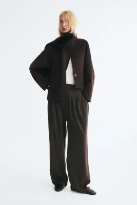 Veste en laine mélangée avec col écharpe - Marron foncé — photo 2