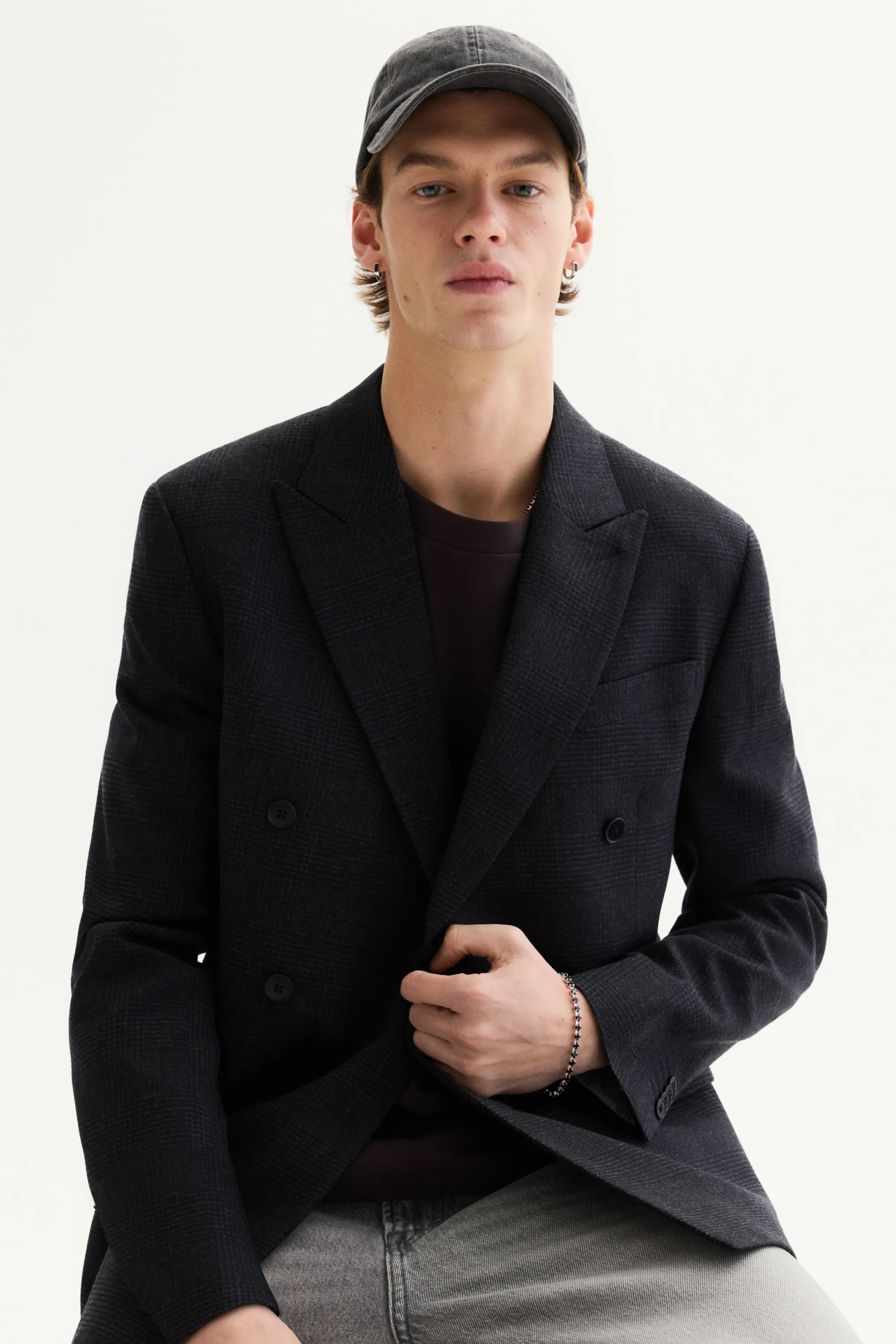 Veste croisée Regular Fit en laine mélangée - Bleu marine/carreaux