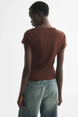 Fine-knit viscose-blend T-shirt - Marron clair — photo 3