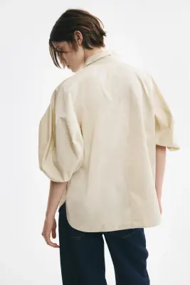 Blouse à manches bouffantes avec liens à nouer - Beige clair — photo 4